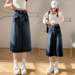 Skirts Korean Fashion Sexy Splicing Fold Woman Womens Medium-long Jean Skirt Casual Female Girls Denim BVAT7719