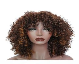 Ombre Short Curly Wigs for Black Women Brown Synthetic Afro Wig with Bangs Natural Full Heat Resistant Hair4004205