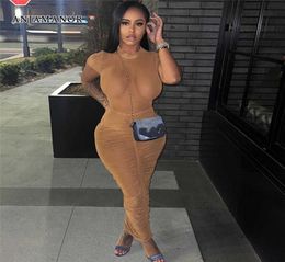 Women039s Two Piece Pants ANJAMANOR Sexy Nude Mesh Ruched Maxi Skirt Set 2 Piece Outfit Dress See Through Club Outfits for Wome5879874