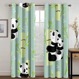 Window Treatments# Panda Window Curtains Cartoon Style Bear Drawings Foliage Leaves Chinese 2-Panel Set Curtains for Living Room Y240517