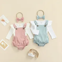 Clothing Sets 3 Pcs Baby Girl Corduroy Set Ribbed Long Sleeve Round Neck Tops Suspender Solid Color Pants Kids Spring Autumn