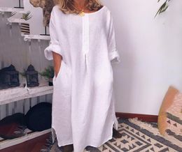 Women039s Cotton Linen Oversized Maxi Dress White Pockets ONeck Solid Long Dresses Spring Summer 2020 Fashion Loose Clothes Wo1924486