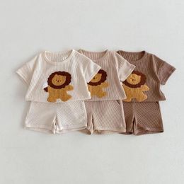 Clothing Sets Summer Boy Girl Children Cartoon Lion Short Sleeve T-shirt Shorts 2pcs Baby Embroidery Waffle Tops Set Kids Cotton Tees Suit
