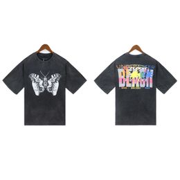 Butterfly washed water to make old letter printed t-shirt cotton plain knitted t-shirt Ribbed knit round neck with logo on the chest and shoulder drop
