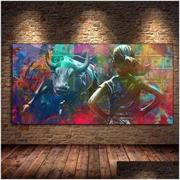 Paintings Angry Cow Money Bl Bear Abstract Animal Dollars Canvas Painting Posters Prints Wall Art Picture Living Room Home Decor Cuadr Dhvfr