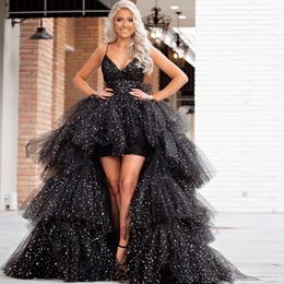 Black High Low Wave Point Homecoming Dresses Spaghetti Strap Backless Ball Gown Special Occasion Gown Poofy Tulle Party Dress 244Y