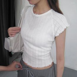 Women's T Shirts Causal White Knitted Slim Women Shirt Frills Basic Crop Top Short Sleeve Korean Fashion Cute Thin Summer Tee