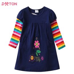 DXTON Girl Flower Embroidery Floral Dresses with Pockets Girls Rainbow Striped Cotton Casual Daily Dress Kids Clothes L2405