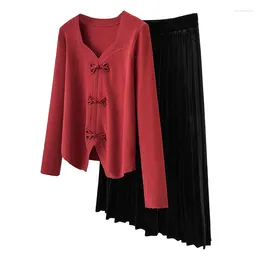 Work Dresses Autumn Winter Elegant Two-piece Set For Women 2024 Knit Sweater Cardigan Tops And Velvet Skirt Large Size Female Black Red