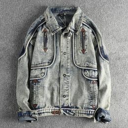 Men's Jackets Retro Tough Guys Motorcycle Men Heavy Washed Distressed Cotton Denim Coats Spring Autumn Old Patchwork Jeans Streetwear