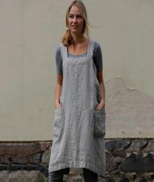 Cotton Linen Apron Garden Work Pinafore Dresses Women Square Collar Suspender Dress Overall Pocket Y57220219