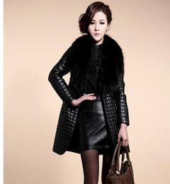 Womens Large Size Casual Pu Leather Overcoats Long Section Fur Collar Leather Jackets Female Leather Coats2939499