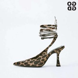 Gogd Design Thin Women Womers 759 Toe Lace-Up High Highlest Ownestone Shiny Leopard Leopard Sandal