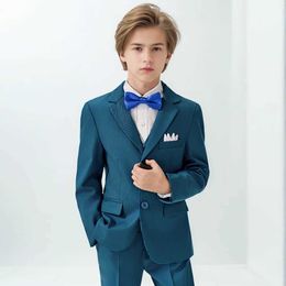 Suits Child Blue Formal Dress Suit Set Boys Performance Wedding Birthday Photography Costume Kids Blazer Vest Pants Bowtie Outfit Y240516