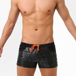 Men's Swimwear Mens Swimwear Swimsuits Solid Embossing Swimming Sport Trunks Beach Board Shorts Square Leg Swim Boxer Briefs with Pockets Y240517