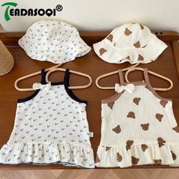Girl Dresses 2024 Summer In Children Clothes Gift Hat Kids Baby Girls Sling Print Bear Floral Crinkled Fabric Top Infant Toddler