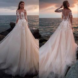 Dresses Sexy White Lace Mermaid Wedding Dresses New Sheer Mesh Top Long Sleeves Applique Bridal Gowns With Champagne Tulle Vestidos De Soi