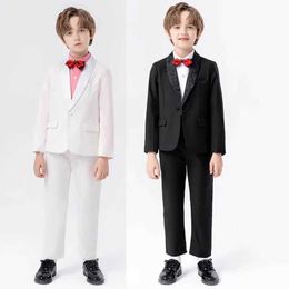 Suits Children Elegant White Jacket Pants Bowtie 3PCS Photograph Suit Boys Wedding Dress Kids Tuxedo Dress Birthday Party Prom Costume Y240516