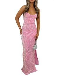 Casual Dresses Women Sparkly Sequin Prom Dress Long Fitted With Split Cross Back Bodycon Party Club Streewear