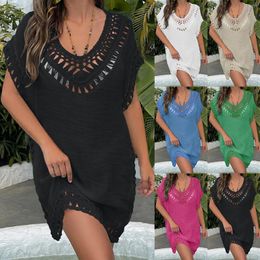 Women Beachwear Smock Summer Sunscreen Hollow Out Solid Colour Cover Ups Short Sleeve Round Neck Baggy Bikini Wraps