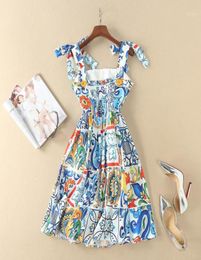 Party Dresses Cute Blue Porcelain Tile Patterns Print Dress Bow Tie Spaghetti Strap Fit And Flare Mini Summer 2021 Spring Brand19212219