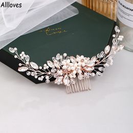 Fabulous Rose Gold Wedding Headpieces Hair Comb Flower Tiara Handmade Pearl Rhinestone Headdress Prom Bridal Women Jewelry Accessories 248b