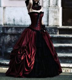 Dresses Victorian Gothic Wedding Dress: Burgundy and Black Taffeta Ruched Tiered Floor Length Vintage Bride Wear Sweetheart Sleeveless Lon