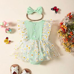 Clothing Sets Born Girl Outfit Flower Print Sleeve Tulle Romper Dress With Bowknot Hairband Summer 2 Pieces Clothes For 0-18 Months