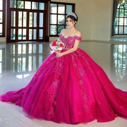 Dresses 2024 Hot Pink Quinceanera Dresses Lace Appliques Crystal Beads Off Shoulder Short Sleeves Hand Made Flowers Fuchsia Puffed Ball Go