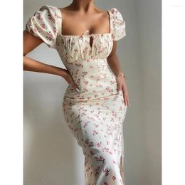 Casual Dresses Summer Vintage Floral Slim Long For Women 2024 Classic Square Collar Split Party Gown Female Elegant Puff Sleeve Dress