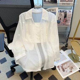Women's Blouses Luxury Diamond Stripe Sunscreen Clothing Women 2024 Summer Thin Ice Silk Shirt Coat Rhinestones Streetwear Tops