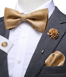 Hi-Tie Fashion Luxury Gold Business Wedding Bowties for Men Brooch Pocket Square Cufflinks Set Silk Bow Tie Necktie for Wedding 240517