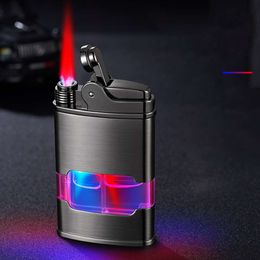 Th611 Iatable Windproof Red Flame Lighter Metal Bright Red Blue Light Visible Gas Unfilled Cigarette Lighter Gift Box Wholesale