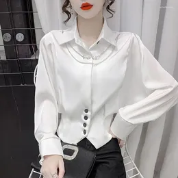 Women's Polos M221 Western Style Chain Stitching Polo Collar Chiffon Shirt Early Spring 2024 Temperament Wild Short Slim Top