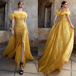 Glitter Bright Glod Sequins Long Prom Dresses Feather Off Shoulder Front Slit Sexy Evening Gowns For Women 2024 Mermaid Elegant Formal Event Party Dress