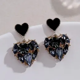 Dangle Earrings Heart Shape Metal Crystal Stone Drop Silver Color Plating Black Epoxy Cute Romantic Forever Love Girls