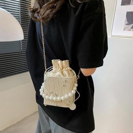 Shoulder Bags Women Flower Woven Drawstring Mini Square Bucket Bag Chain Handbag Messenger Travel Handbags For