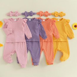 Clothing Sets Sweet Style Baby Girls Outfits Winter Fall Solid Colour Ruffle Long Sleeve Sweatshirts Pants Headband 3Pcs Kids Clothes Set