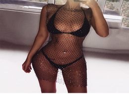 Crystal Diamond Mesh Sexy Bodycon Dress Women Hollow Out Fishnet Summer Beach Mini Dress Transparent Party Vestidos4394900