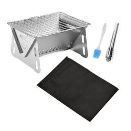 Charcoal BBQ Grill Mini Wood Burning for Travelling Outdoor Stainless Steel Convenient OvenBarbecue Clip Oil Brush Bag 240517