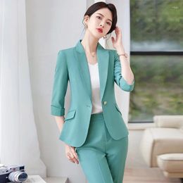 Women's Two Piece Pants Half Sleeve Formal Elegant Pantsuits With And Jackets Coat Spring Summer Blazers Female Career Interview Trousers