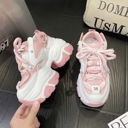 White Chunky Sneakers Women Autumn Hidden Heel Platform Sports Dad Shoes Woman Lace Up Breathable Mesh Casual Shoes 9.5CM 240516