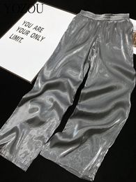YOZOU Luxury Shiny Soft Satin Silk Grey Thin Elastic Waist Baggy Wide Leg Fluid Pants Women Trousers Comfort Bottoms Solid 240517