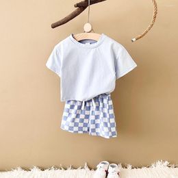 Clothing Sets 2024 Summer Baby Boy Girl Set Solid Colour Short Sleeved T-shirt Checkerboard Shorts Cotton Casual Infant Suit 0-3Y