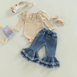 Clothing Sets Baby Girls Fall Spring Clothes Set Infant Toddler Long Sleeve Lace Ribbed Romper Denim Flare Pants Headband 3Pcs Outfits