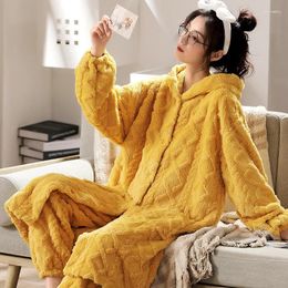 Women's Sleepwear Autumn Winter Warm Flannel Pyjamas Set Long-Sleeved Trousers Two-Piece Robe With Hoodie Home Wear Clothes Women