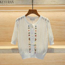 Women's Knits 2024 Summer Knitted Cardigan Women T-Shirts Vintage Flower Embroidery O-Neck Hollow Out Short Sleeve Sweater Mujer Knitwear
