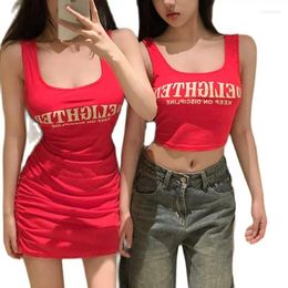 Work Dresses 2024 Korean Girls Red Singlet Sleeveless Low U Neck Sell Mini Knit Dress For Fashion