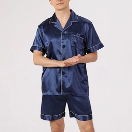 Men Pajama Sets Ice Silk Satin Short Sleeve ShirtShorts 2Pcs Suit Summer Thin Sleepwear Solid Color Male Casual Home Clothes 240517