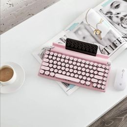 Retro Sakura Pink Typewriter Bluetooth Keyboard Steam Punk Dot Green Switches White Backlight Wireless Mechanical Keyboard